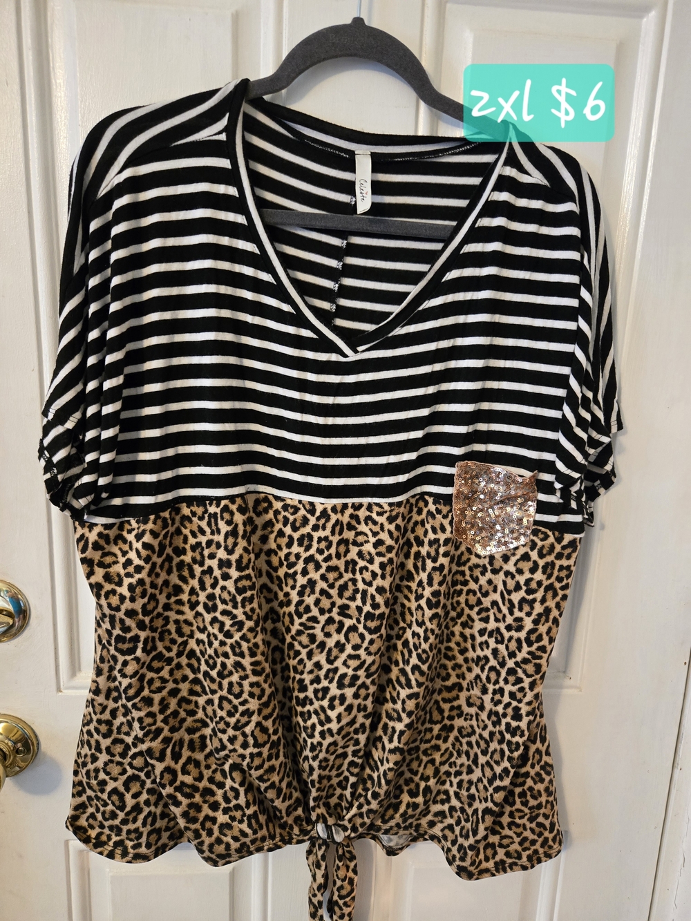 Striped & Leopard Mixed-Print V-Neck Top with Sequin Pocket